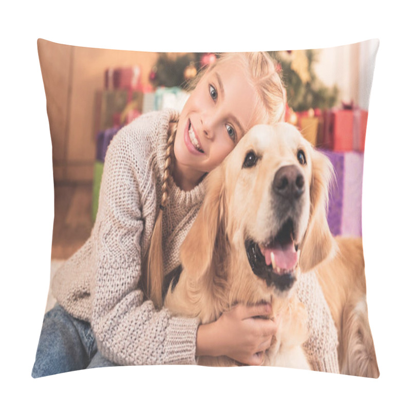 Personality  Smiling Kid Hugging Golden Retriever Dog And Sitting Near Christmas Tree   Pillow Covers