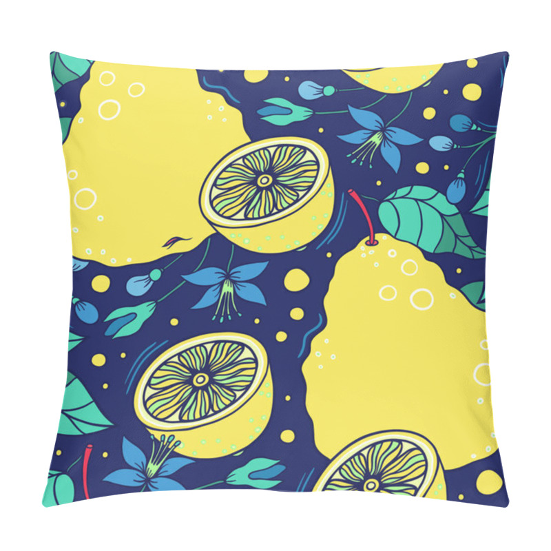 Personality  Seamless Vector Pattern With Bergamot-like Fruits, Leaves, And Flowers On A Dark Blue Background. Ideal For Fabric, Packaging, And Creative Projects With Bold And Vibrant Colors. Pillow Covers