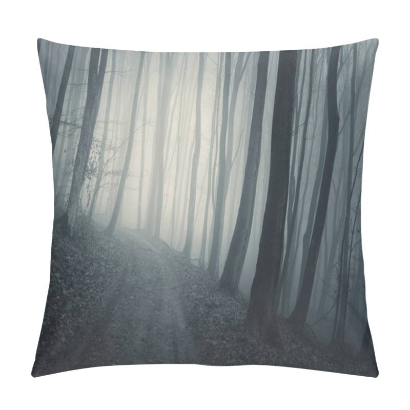 Personality  Forest Road On Rainy Day Landscape.Trees In Fog And Path In Scary Woods Pillow Covers