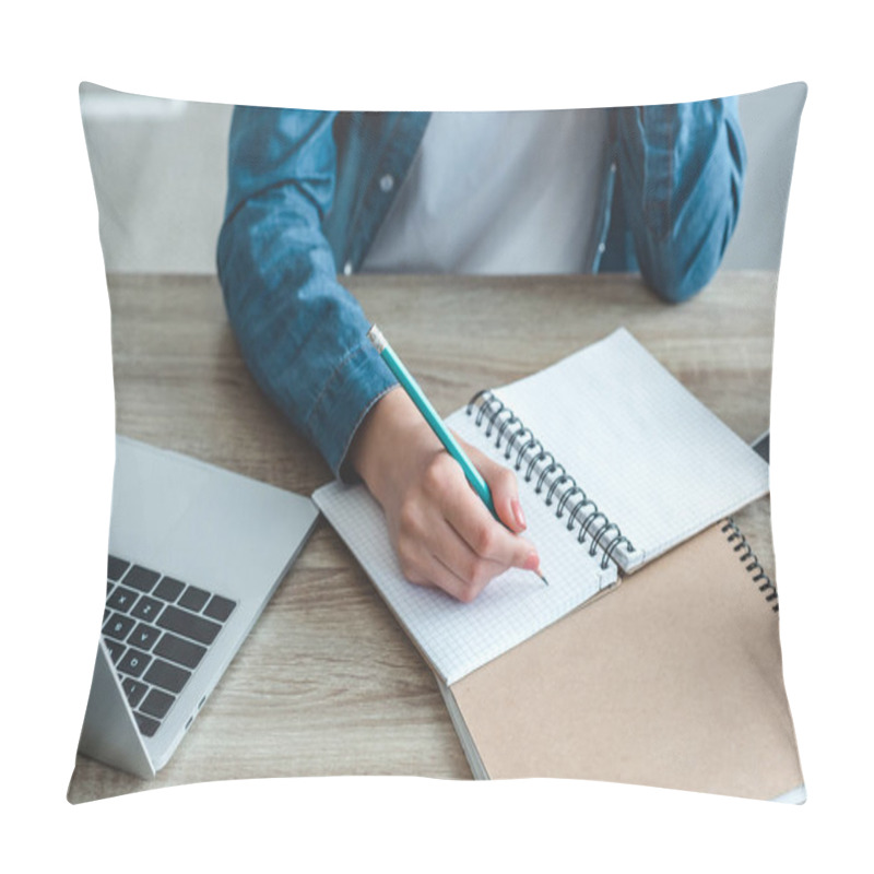 Personality  Close-up Partial View Of Girl Writing In Notebook While Studying With Laptop At Desk Pillow Covers