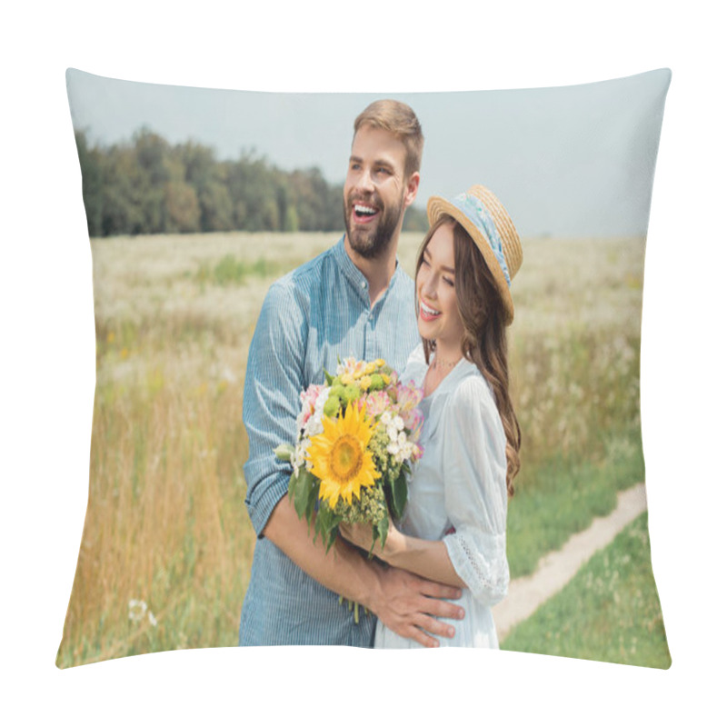 Personality  Portrait Of Smiling Man Hugging Girlfriend With Bouquet Of Wild Flowers In Summer Field Pillow Covers