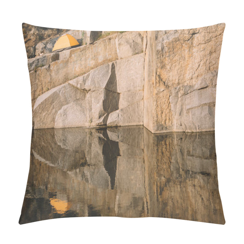 Personality  Distant View Of Travel Tent On Rocky Cliff Over River  Pillow Covers