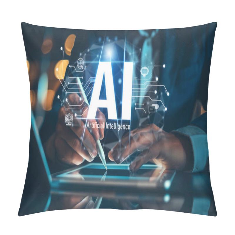 Personality  Human Interact With AI Artificial Intelligence Brain Processor In Concept Of AI Artificial Intelligence Engineering, Big Data And AI Machine Learning To Use Generative AI For Business Support. EIDE Pillow Covers