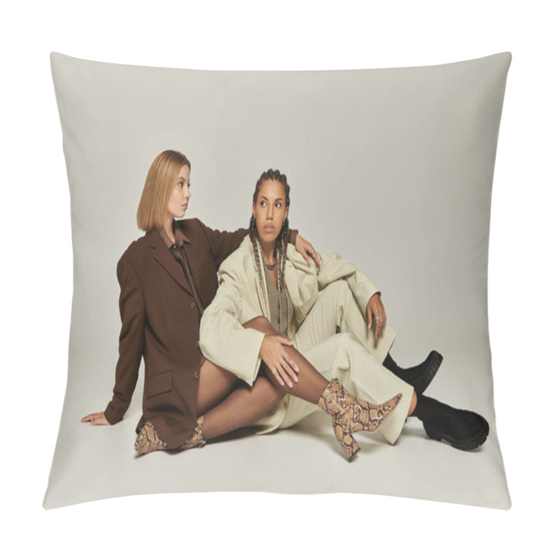 Personality  A Young Couple In Stylish Autumn Attire Share A Warm Moment While Seated Together. Pillow Covers