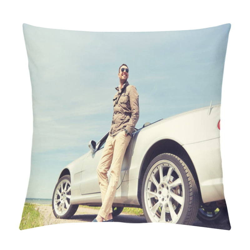 Personality  Happy Man Near Cabriolet Car Outdoors Pillow Covers