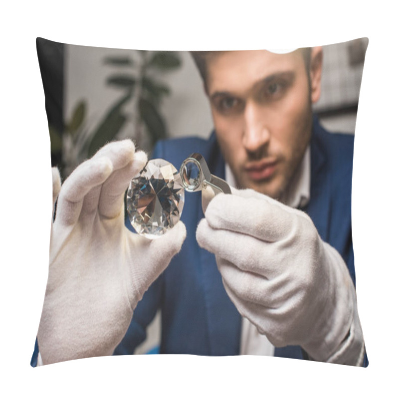 Personality  Selective Focus Of Jewelry Appraiser In Gloves Examining Gemstone With Magnifying Glass In Workshop Pillow Covers