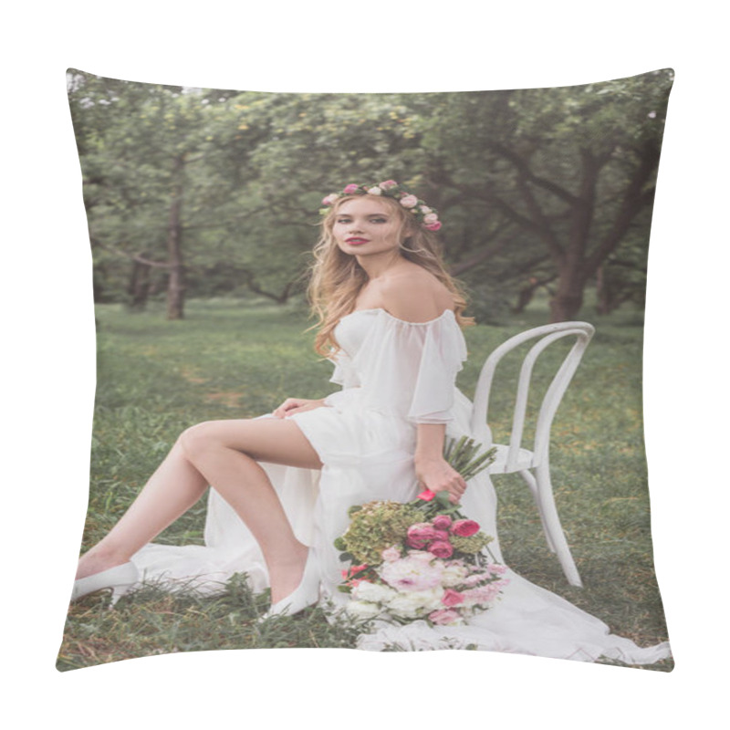 Personality  Beautiful Young Bride With Wedding Bouquet Sitting On Chair And Smiling At Camera In Park Pillow Covers