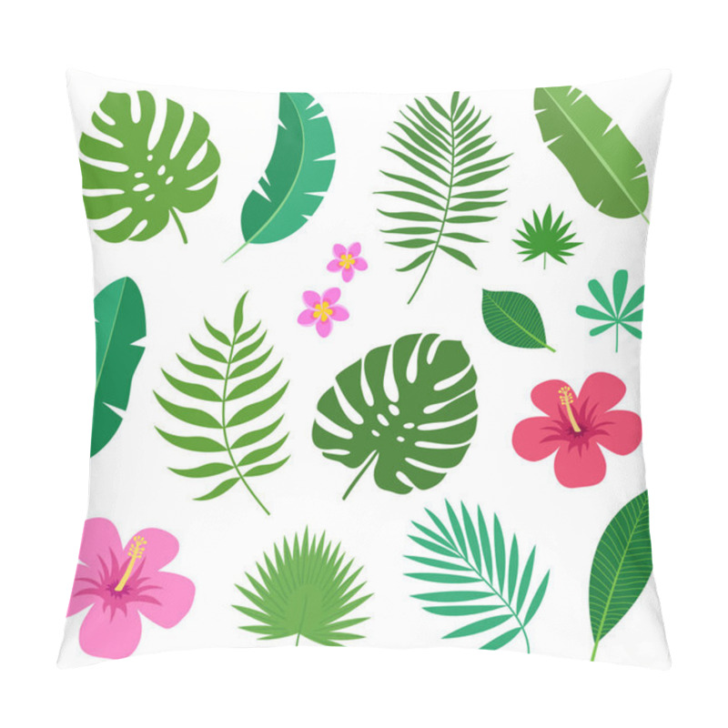 Personality  Set Of Tropical Exotic Plants Leaves And Flowers Of Plumeria And Hibiscus Isolated On White Background. Vector Illustration Pillow Covers