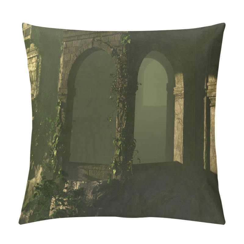 Personality  Arches Of An Ancient Castle Overgown With Ivy In The Mist. 3D Render. Pillow Covers