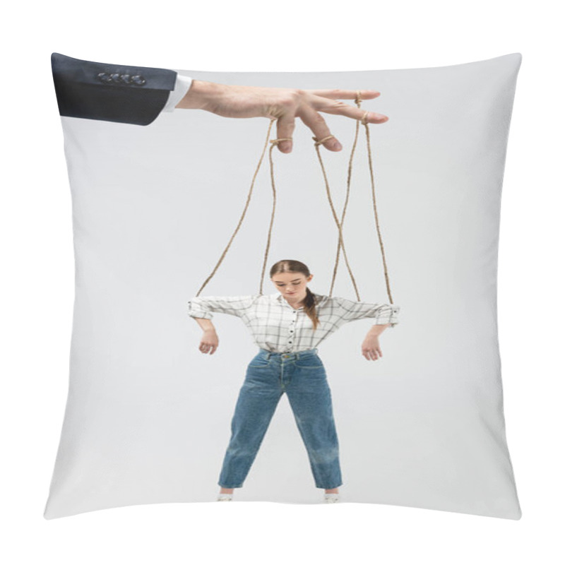 Personality  Cropped View Of Puppeteer Holding Marionette On Strings Isolated On Grey Pillow Covers