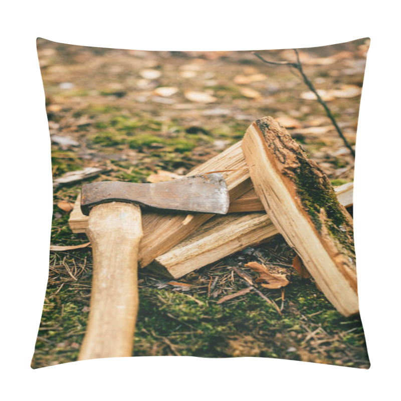 Personality  Vertical View Of Pile Of Chopped Firewood On Ground With Ax In Autumn Forest Pillow Covers