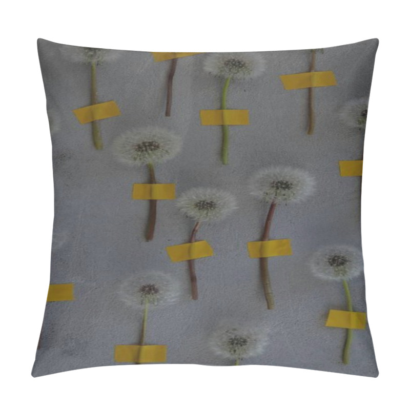 Personality  Dandelion Flowers With Yellow Tape On A Gray Background, Creating A Whimsical Composition. Pillow Covers