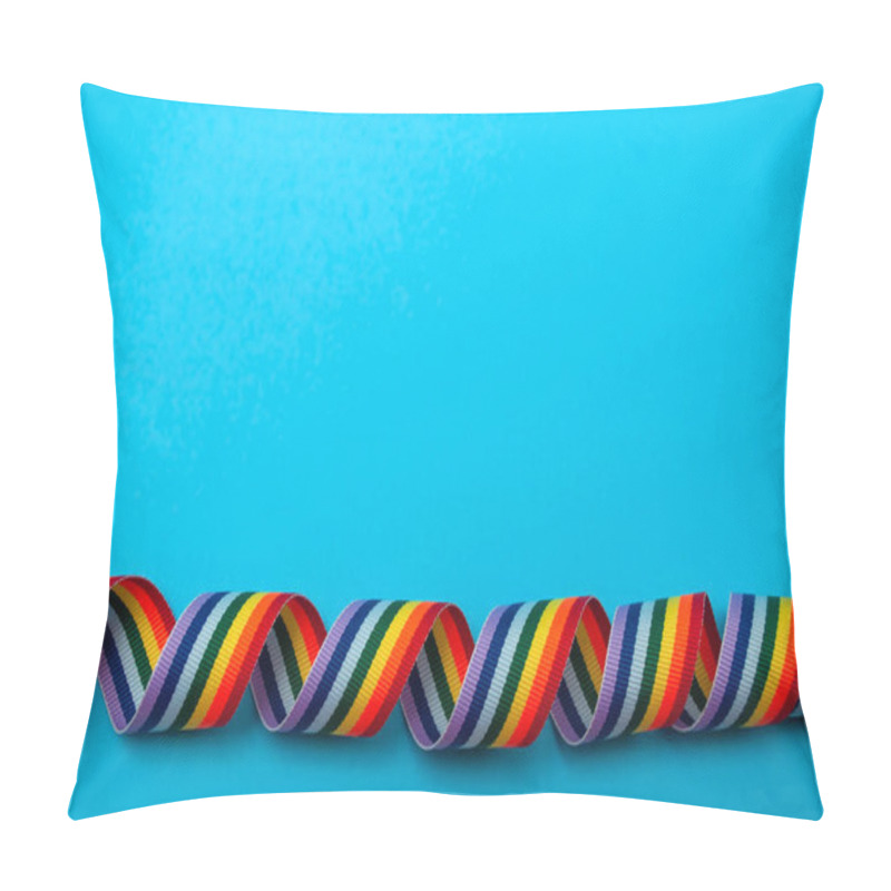 Personality  Spiral Rainbow Ribbon On Blue Background Top View Free Space Pillow Covers