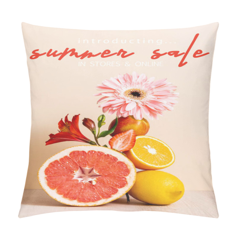 Personality  Floral And Fruit Composition With Citrus, Strawberry And Peach Near Summer Sale Lettering On Beige Background Pillow Covers