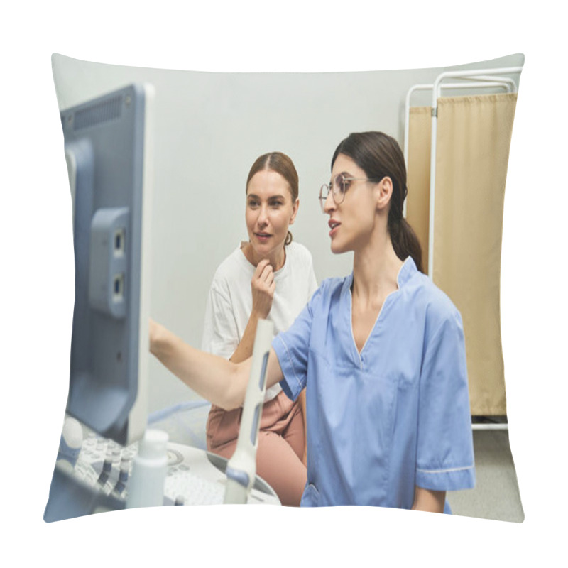 Personality  A Gynecologist Explains Diagnostic Results To A Female Patient In A Contemporary Clinic Setting. Pillow Covers