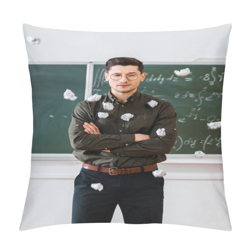 Personality  Crumpled Paper Balls Flying At Male Teacher With Arms Crossed In Classroom With Chalkboard On Background Pillow Covers