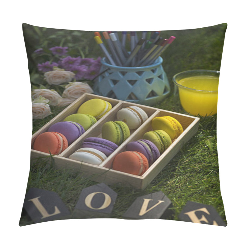 Personality  Box Of  Macarons On Green Grass With Flowers And Wooden Letters Pillow Covers