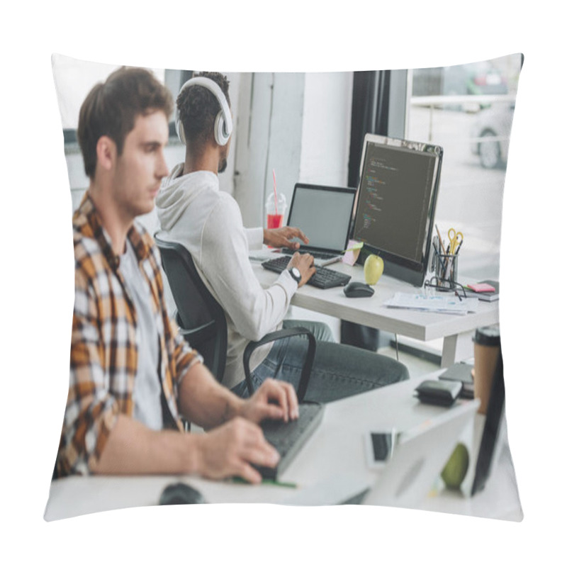 Personality  Selective Focus Of Programmer Working Near African American Colleague In Headphones Pillow Covers