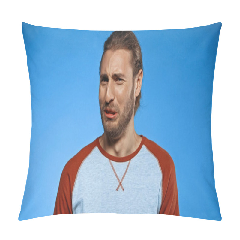 Personality  Young Disgusted Man Looking At Camera On Blue Pillow Covers