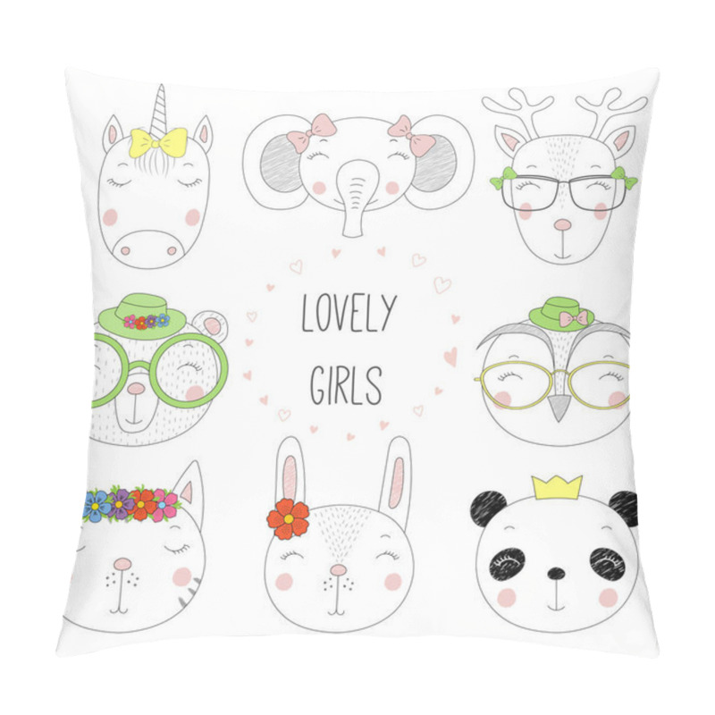 Personality  Set Of Hand Drawn Cute Funny Animal Portraits With Text  Pillow Covers