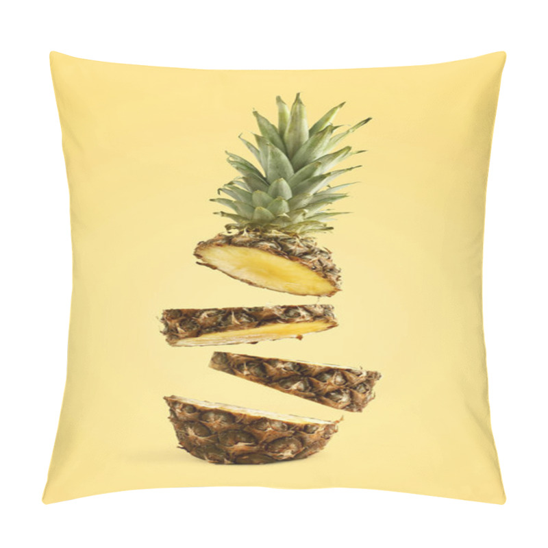 Personality  Pineapple Sliced, Levitates In The Air. Concept Of Summer Mood On A Yellow Background. Pillow Covers