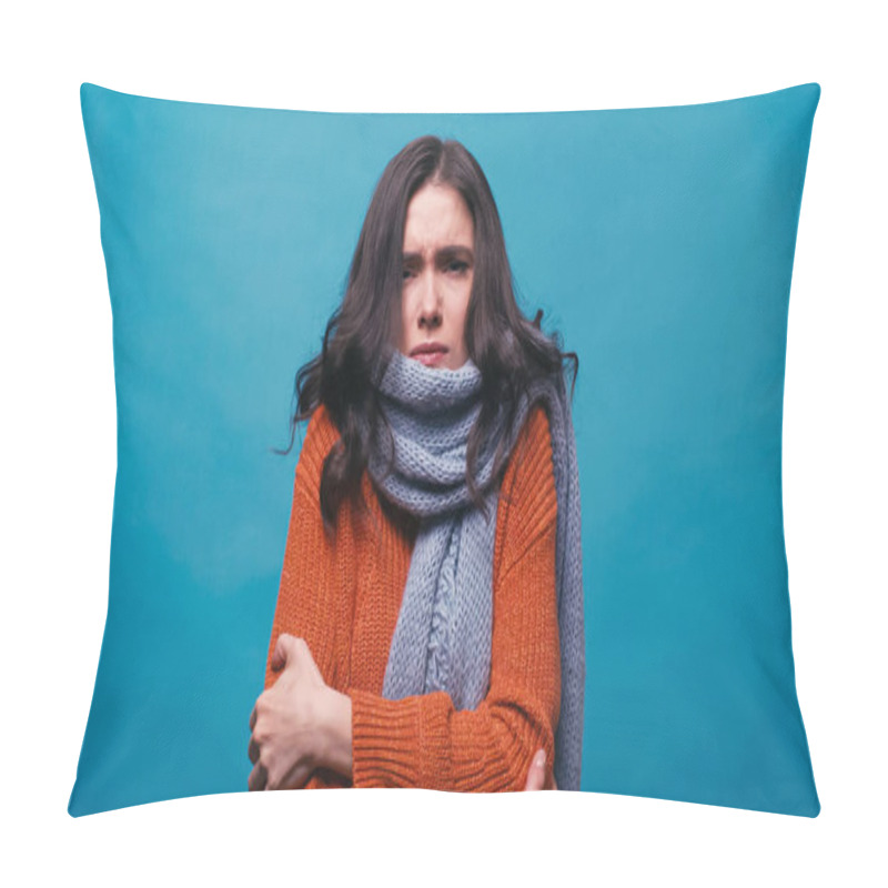 Personality  Diseased Woman In Warm Scarf And Sweater Hugging Herself Isolated On Blue Pillow Covers