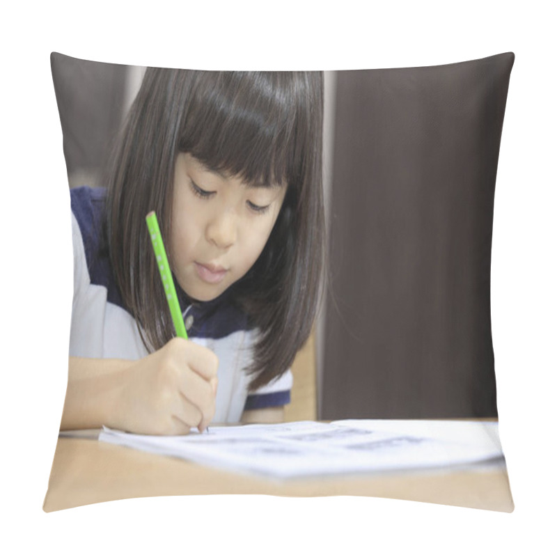 Personality  Studying Japanese Girl In Dining Room (7 Years Old) Pillow Covers