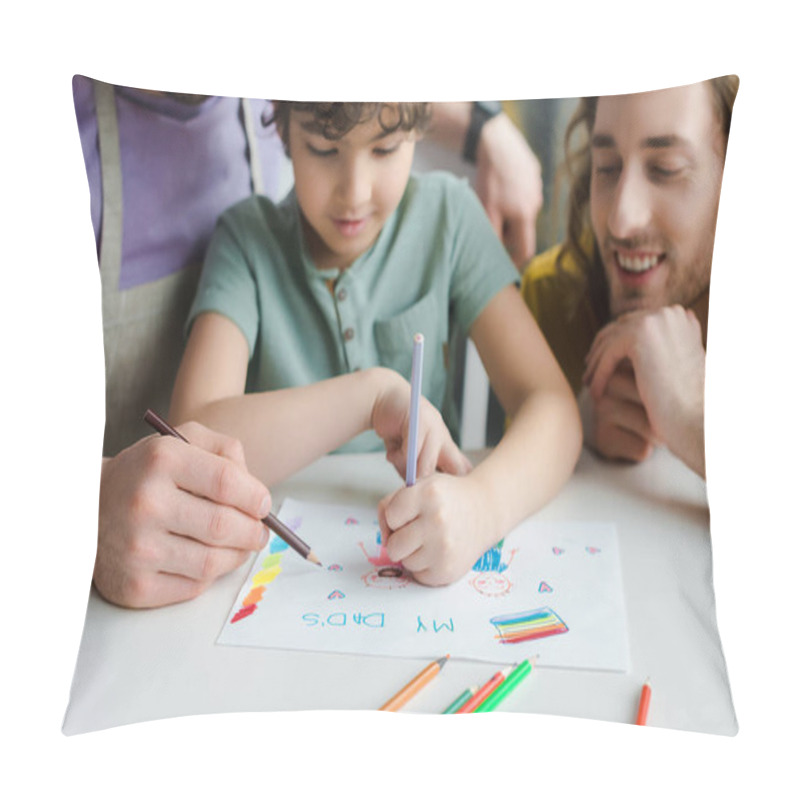 Personality  Mixed Race Kid Drawing Picture With My Dads Lettering Near Happy Homosexual Parents  Pillow Covers