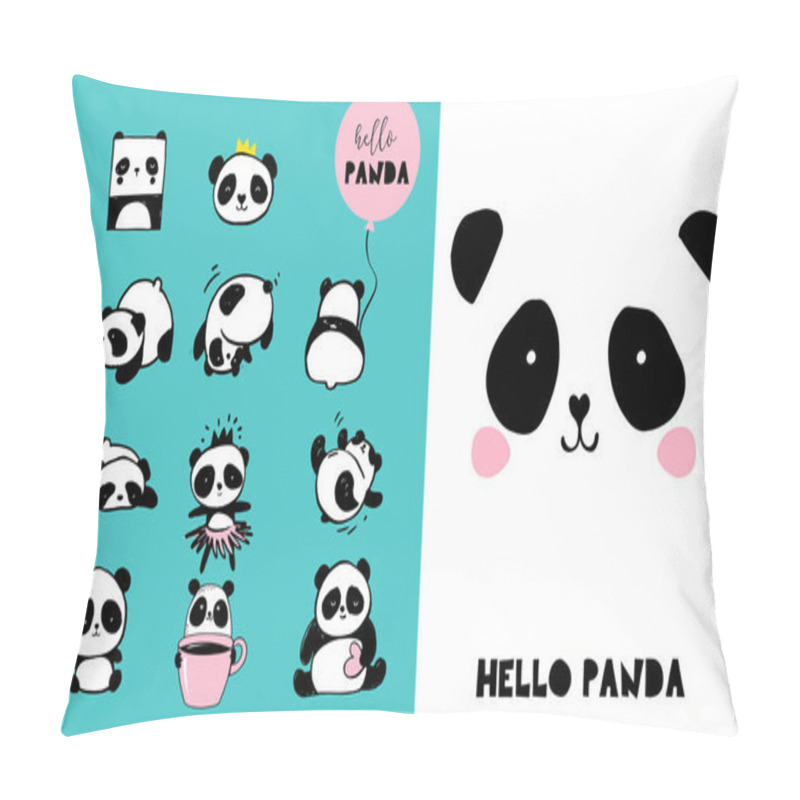 Personality  Cute Panda Bear Illustrations, Collection Of Vector Hand Drawn Elements, Black And White Icons Pillow Covers