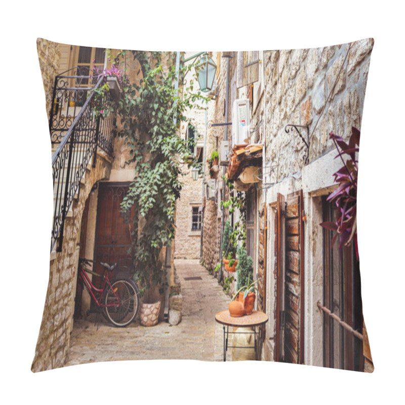 Personality  Cozy Narrow Roman Street In The Old Town Of Budva. Flowers, Plants, Old Bicycle, Street Lamp, Wooden Shutters. Montenegro, Balkans. Summer. Pillow Covers