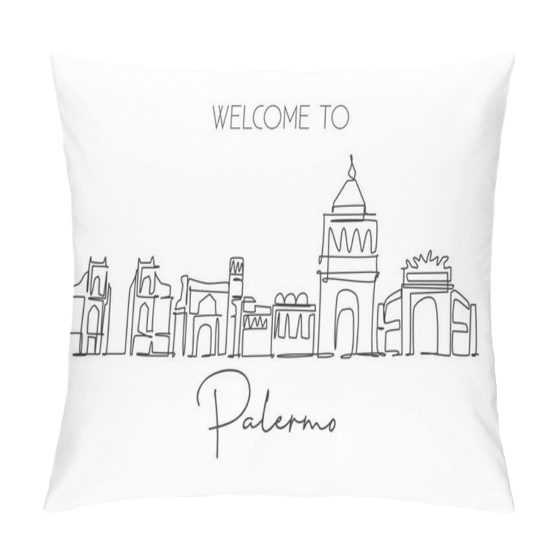 Personality  One Continuous Line Drawing Palermo City Skyline, Italy. Beautiful Skyscraper. World Landscape Tourism Travel Vacation Wall Decor Poster Concept. Stylish Single Line Draw Design Vector Illustration Pillow Covers