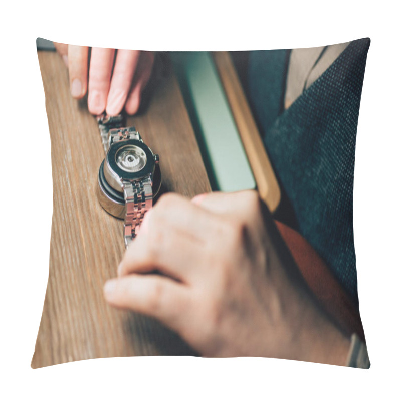 Personality  Cropped View Of Clockmaker Using Stand For Wristwatch On Table Pillow Covers