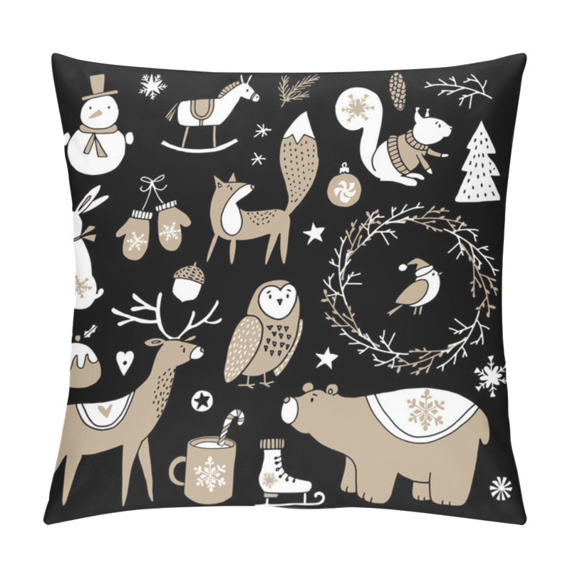 Personality  Set Of Cute Doodle Sketches. Christmas Clip-arts Of Bear, Bunny, Reindeer, Fox, Owl, Squirrel And Snowman. Scandinavian Design. Isolated Hand Drawn Vector Objects On Black Background. Pillow Covers