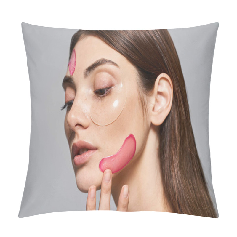 Personality  A Young Caucasian Woman With Brunette Hair Has Pink Patches On Her Face, Creating A Vibrant And Artistic Look. Pillow Covers