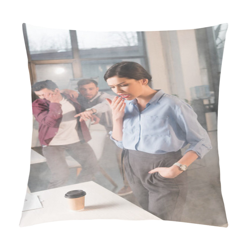 Personality  Attractive Businesswoman Standing With Hand In Pocket Near Coworkers In Office With Smoke Pillow Covers