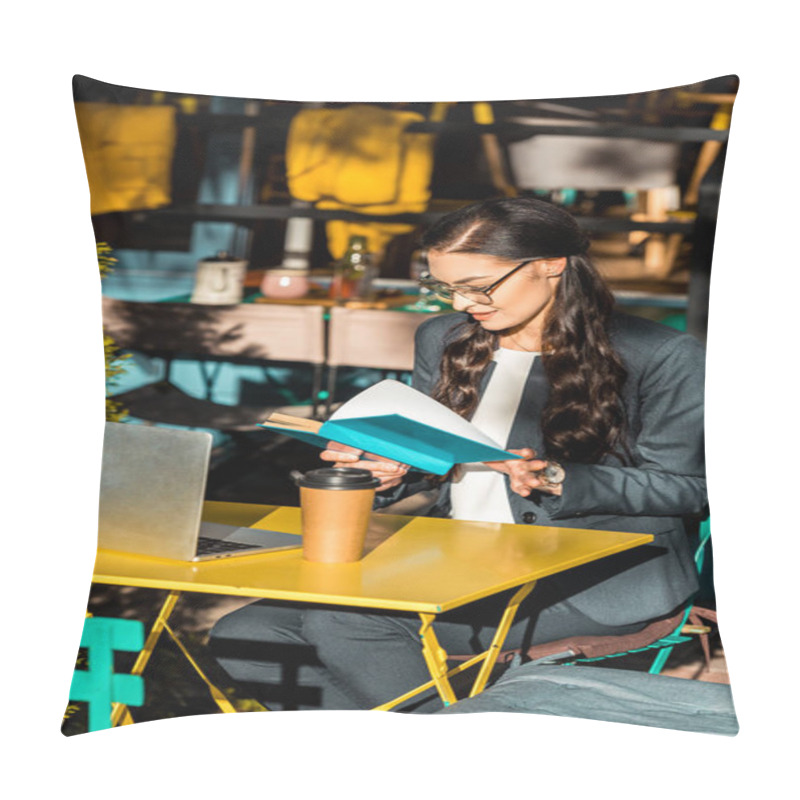 Personality  Attractive Freelancer Reading Book During Coffee Break On Restaurant Terrace With Laptop Pillow Covers