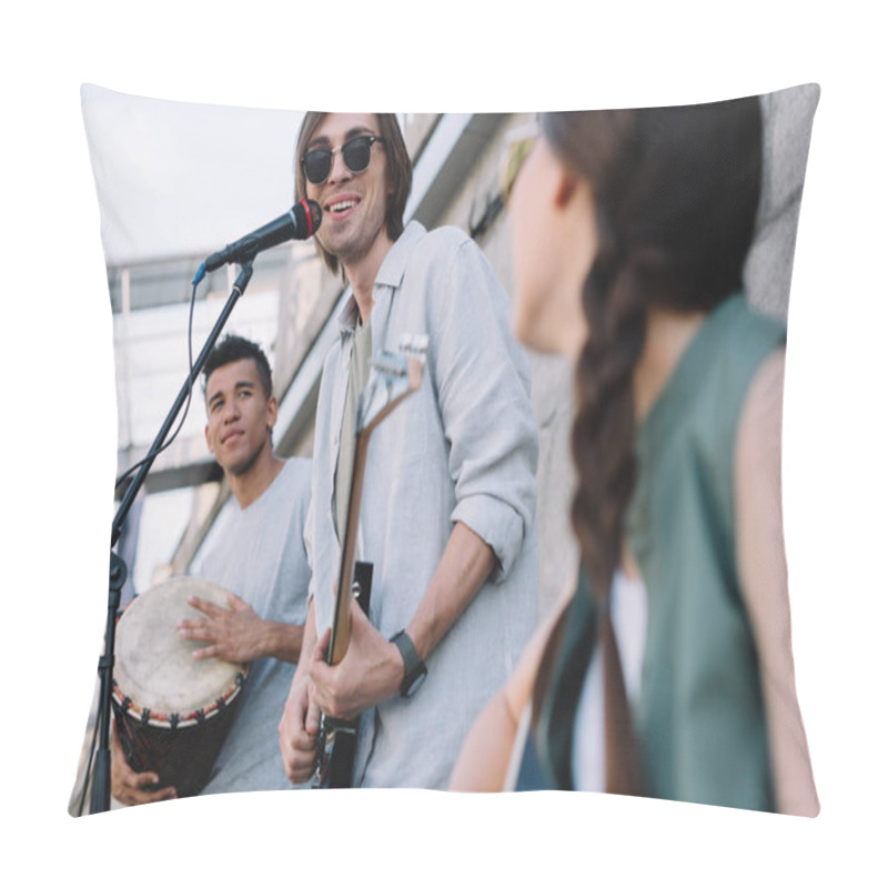 Personality  Multiracial Young Happy People Performing And Singing On Street Pillow Covers