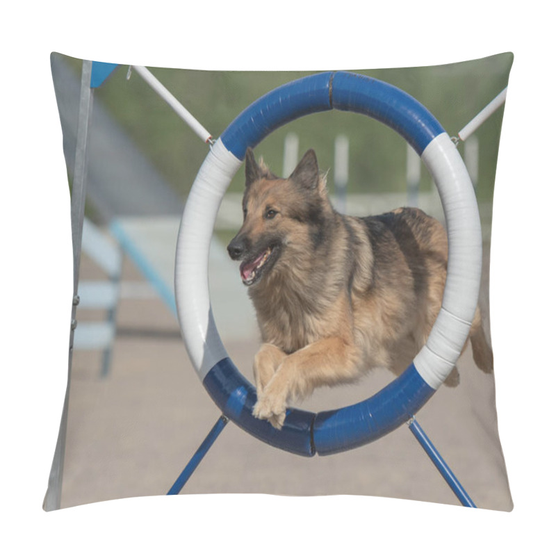 Personality  A Belgian Sheepdog Tervurenr Jumping Through An Agility Ring Pillow Covers