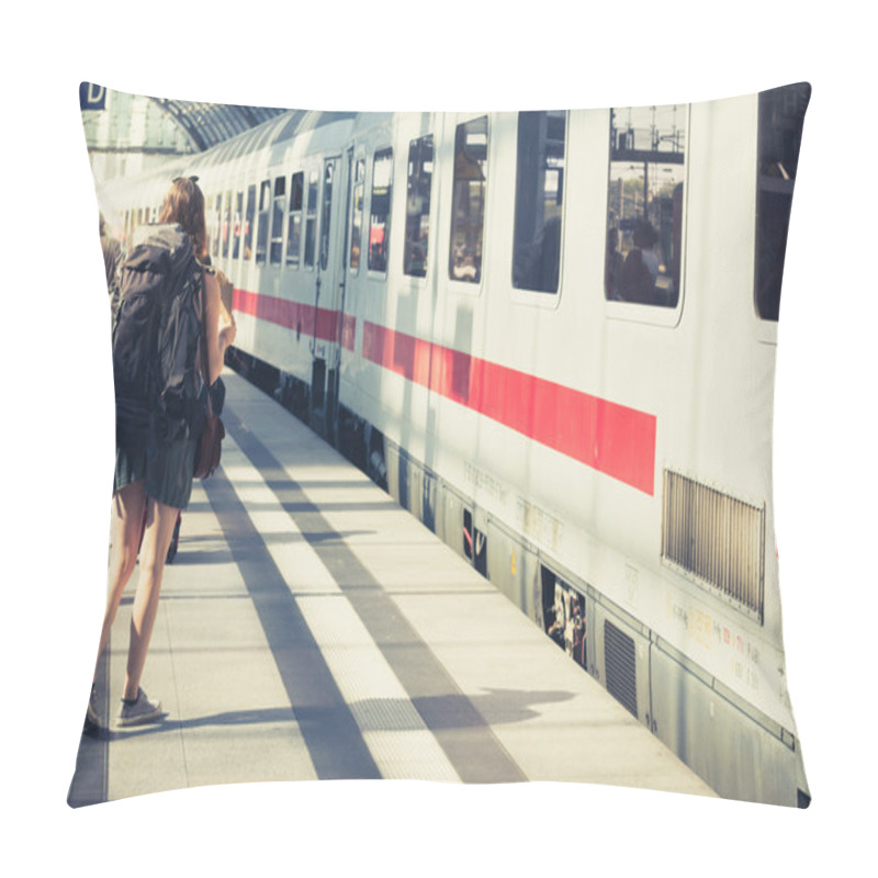 Personality  Girl With Backpack At Train Station Before Entering Train  Pillow Covers