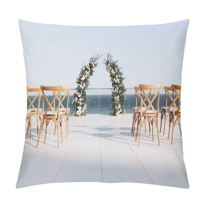 Personality  Arch Decorated With Lively Floristics On The Background Of The Sea. Pillow Covers