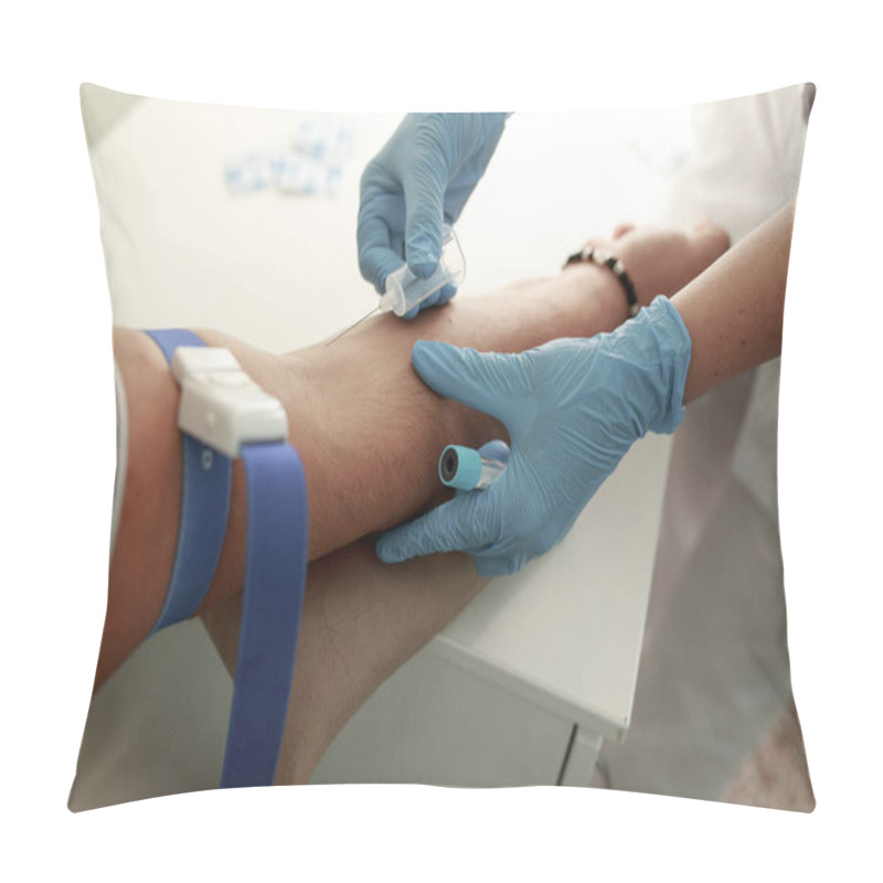 Personality  Close Up Nurse Pricking Needle Syringe In The Arm Patient Drawing Blood Sample For Blood Test. Close Up Pillow Covers