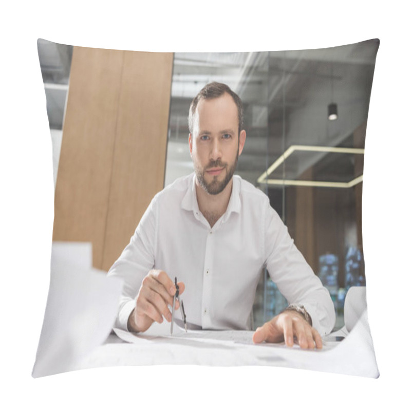 Personality  Handsome Successful Architect With Compass Working On Building Plans At Office Pillow Covers