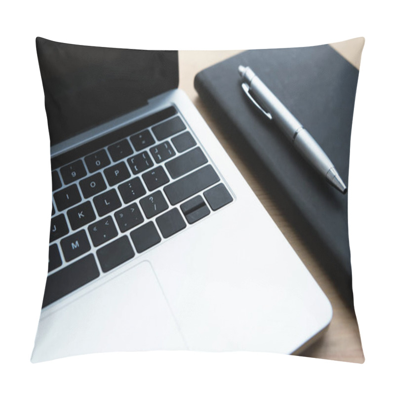 Personality  Close-up View Of Laptop, Notebook And Pen On Wooden Table Pillow Covers