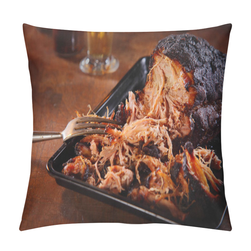 Personality  Close Up Appetizing Pulled Pork On Black Tray With Fork On Top Of Wooden Table. Pillow Covers