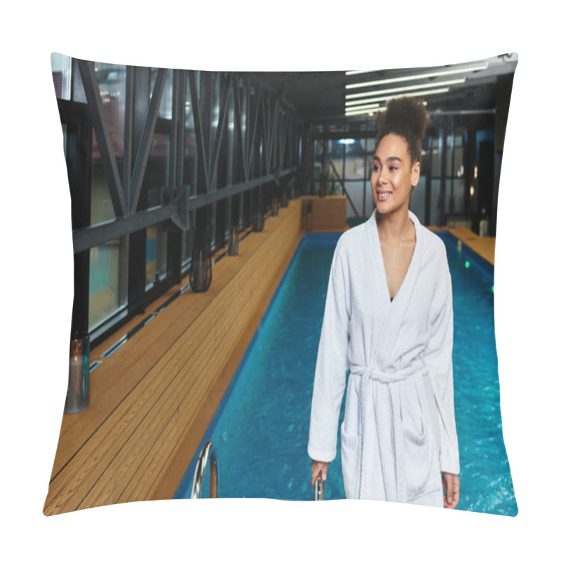 Personality  A Young Chic Woman Strolls By A Tranquil Indoor Spa Pool, Embracing Relaxation. Pillow Covers