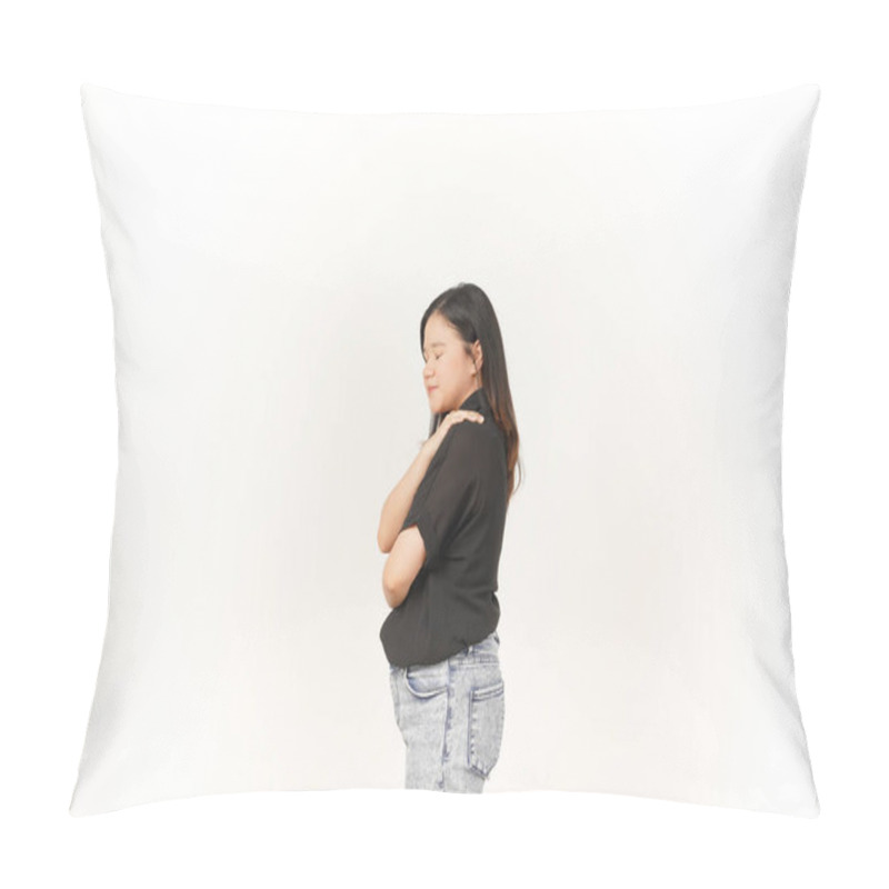 Personality  Beautiful Asian Woman Places Her Hand Gently On Her Chest, Expressing Sincerity Or Gratitude, Against A White Background Pillow Covers