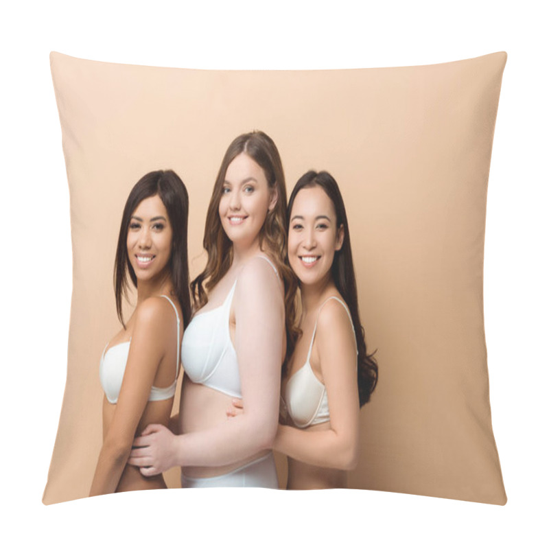 Personality  Cheerful Plus Size Multicultural Girls In Bras Isolated On Beige  Pillow Covers