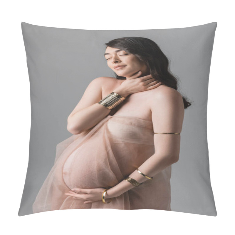 Personality  Charming And Romantic Mom-to-be In Gentle Chiffon Draping And Golden Bracelets Standing With Closed Eyes Isolated On Grey Background, Maternity Fashion Concept, Sensuality Pillow Covers