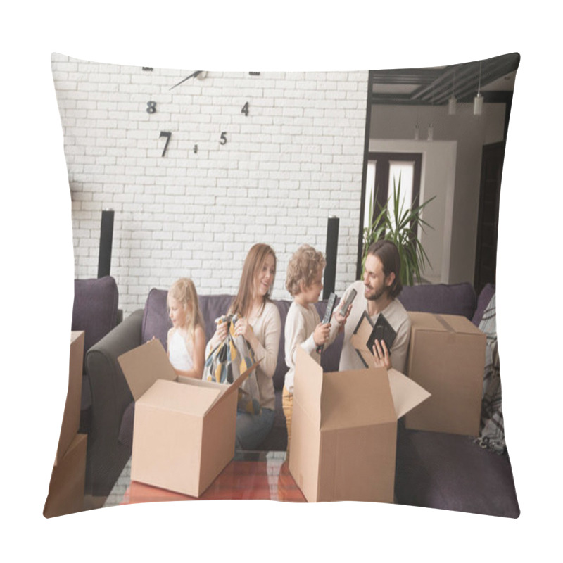 Personality  Happy Family With Cardboard Boxes At Their New Home Pillow Covers