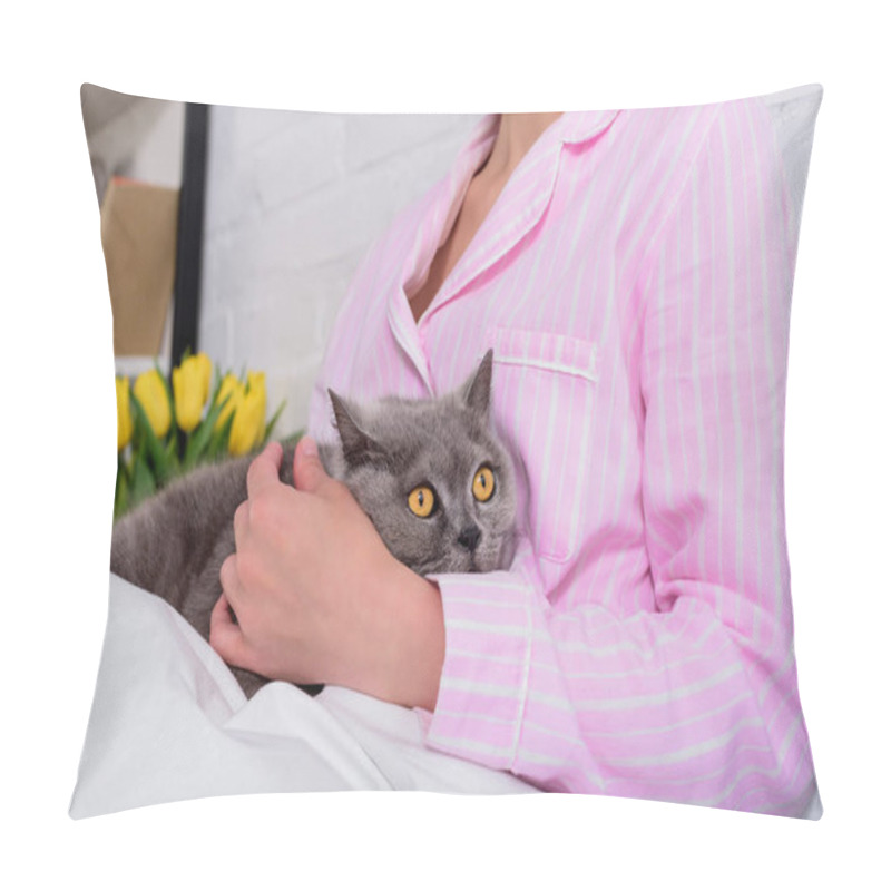 Personality  Cropped Shot Of Woman With Britain Shorthair Cat On Bed At Home Pillow Covers